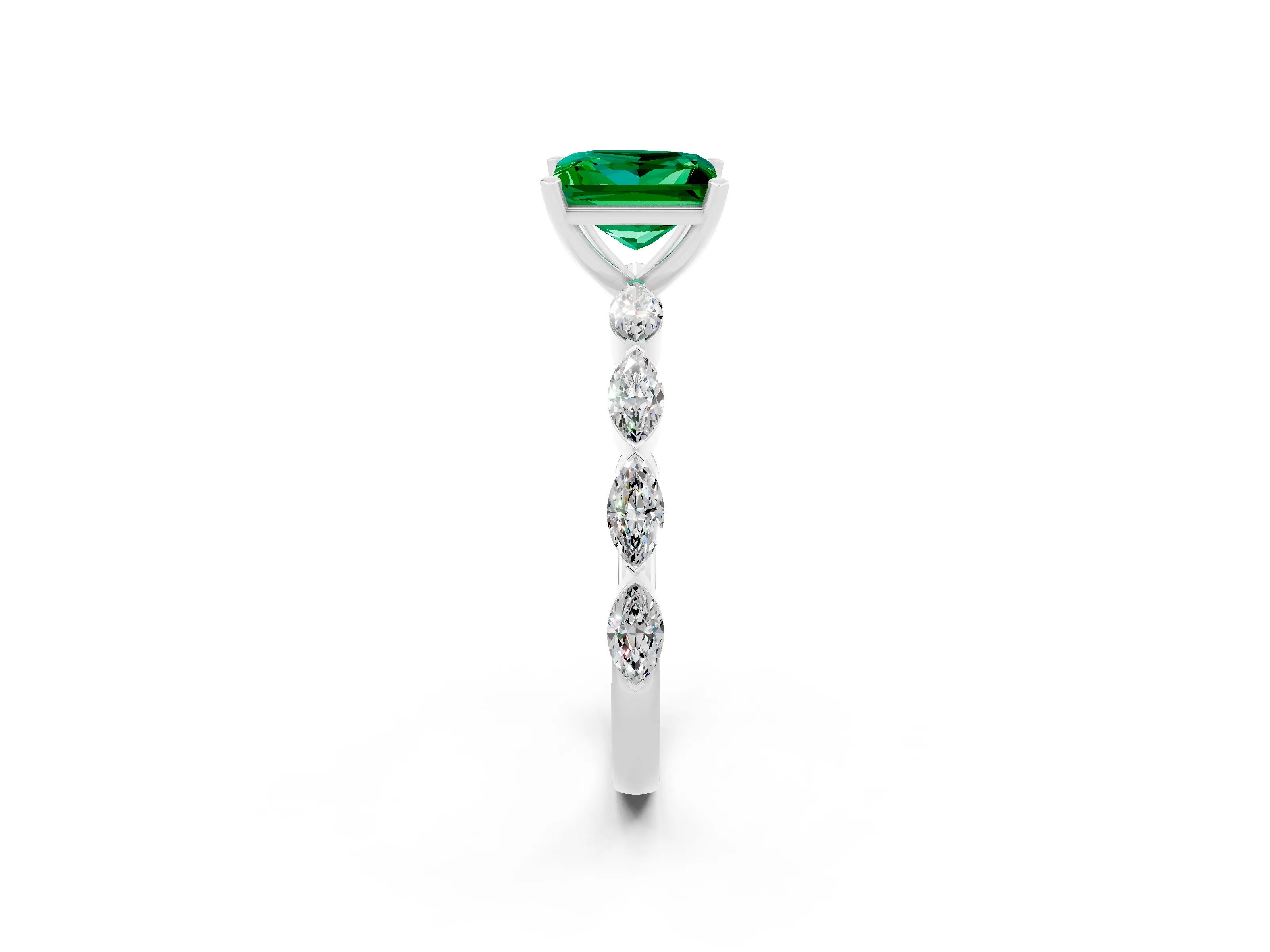White gold Princess Cut Emerald Ring with Marquise Side Stones and Prong Setting_2