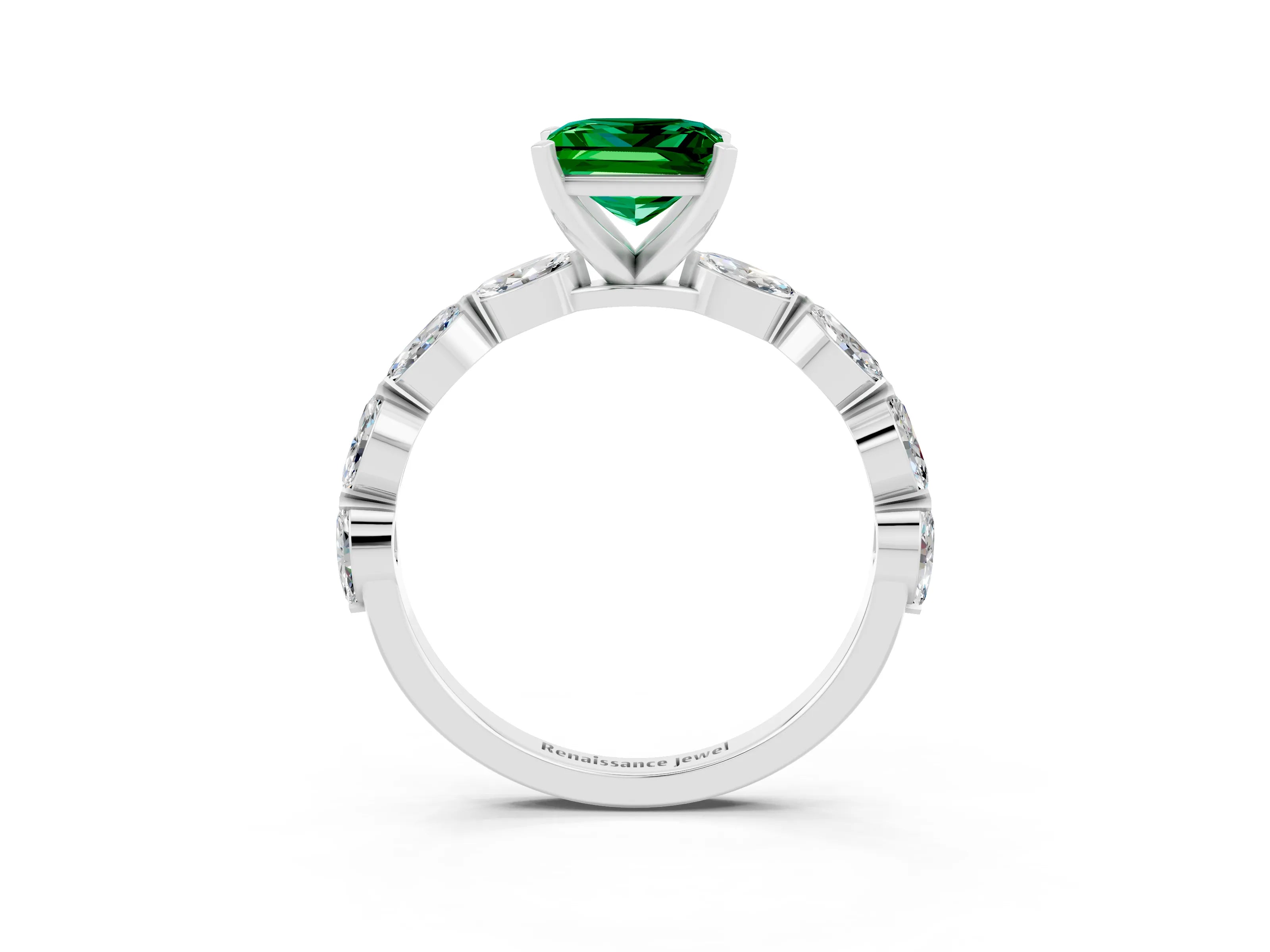 White gold Princess Cut Emerald Ring with Marquise Side Stones and Prong Setting_3