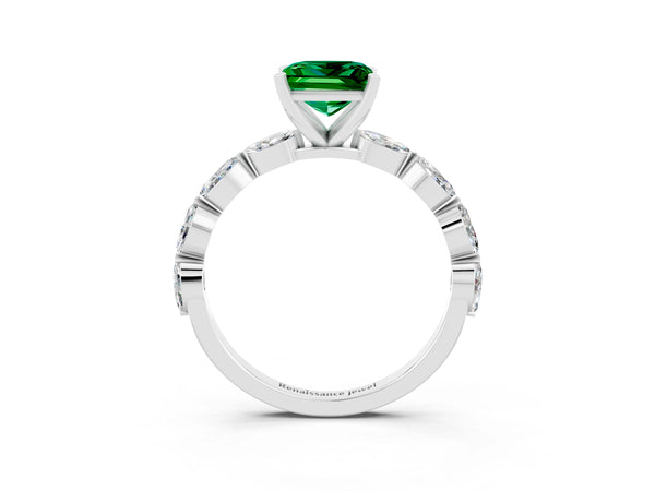 White gold Princess Cut Emerald Ring with Marquise Side Stones and Prong Setting