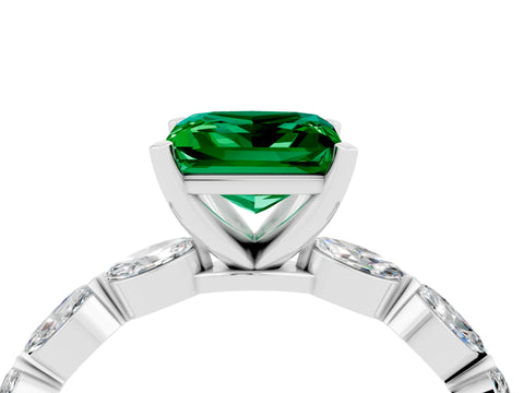 White gold Princess Cut Emerald Ring with Marquise Side Stones and Prong Setting_4