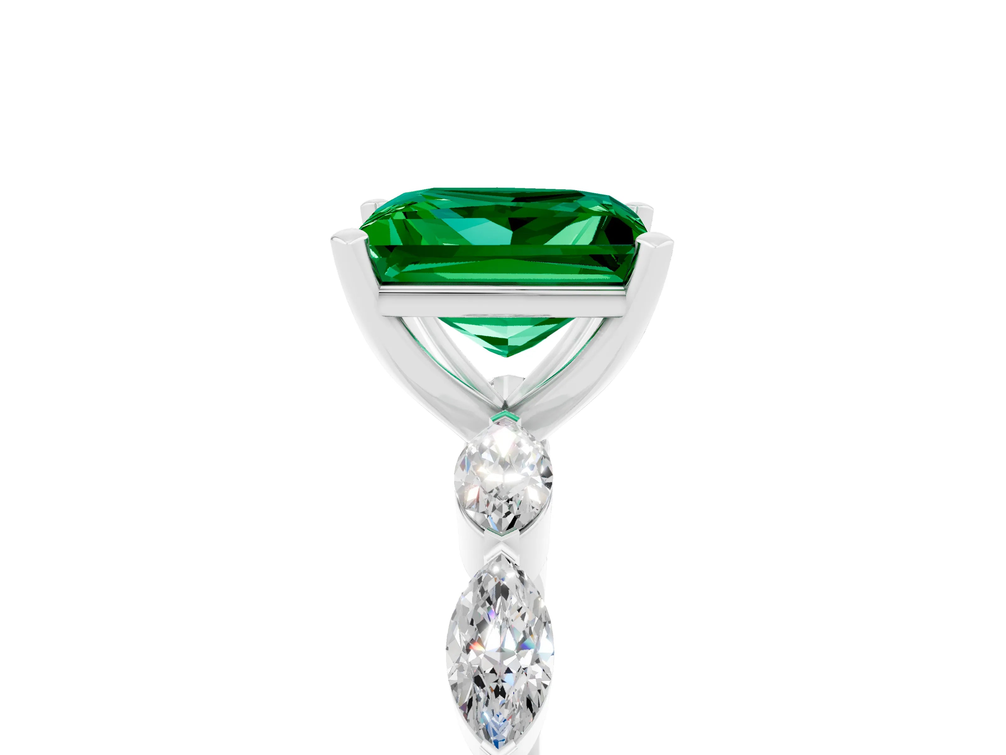 White gold Princess Cut Emerald Ring with Marquise Side Stones and Prong Setting_5