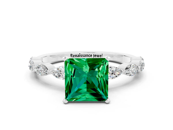 Silver Princess Cut Emerald Ring with Marquise Side Stones and Prong Setting