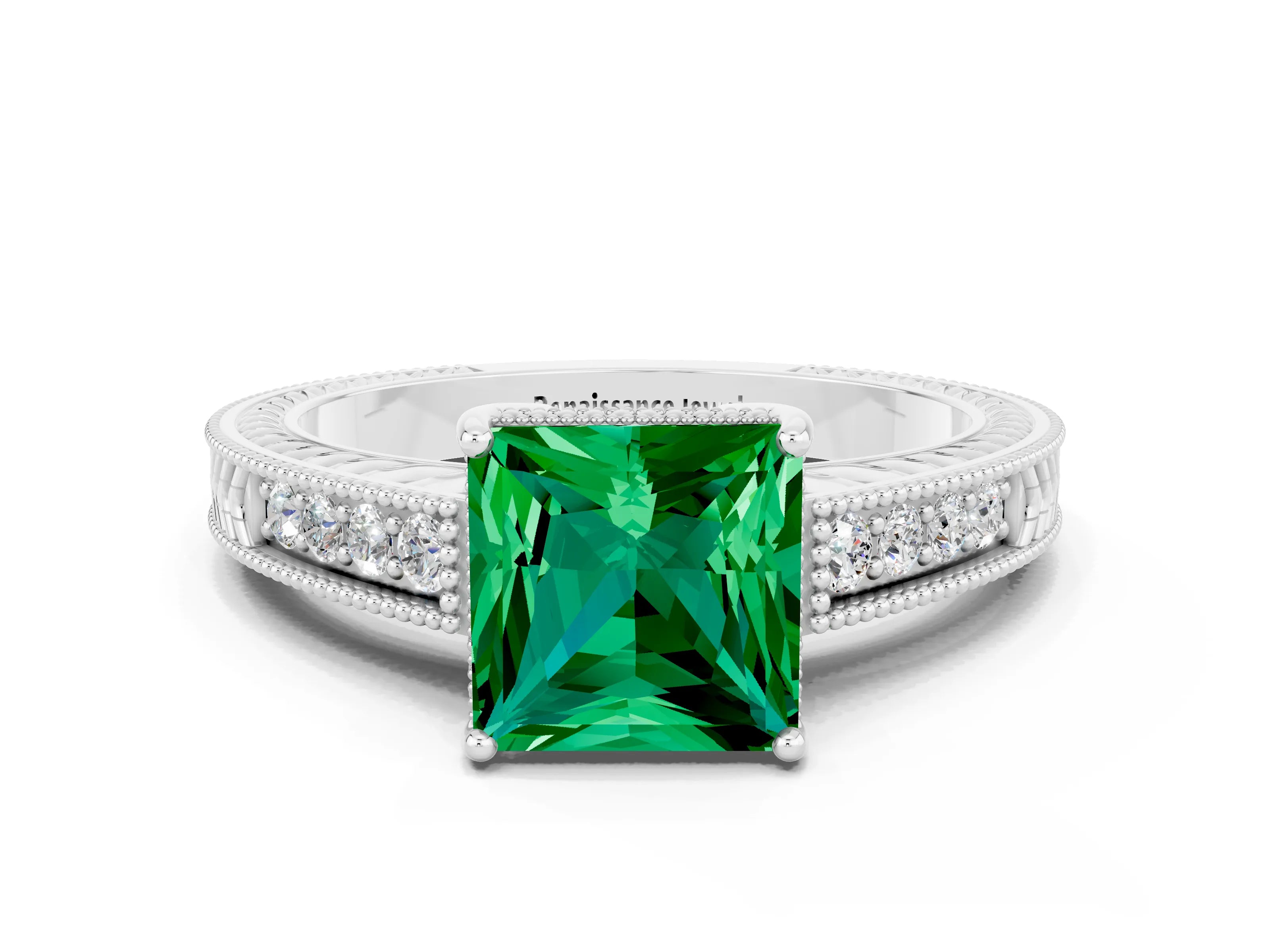 White gold Princess Cut Emerald Ring with Milgrain Pavé Band and Four-Prong Setting_12