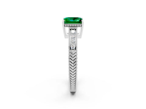 White gold Princess Cut Emerald Ring with Milgrain Pavé Band and Four-Prong Setting_14