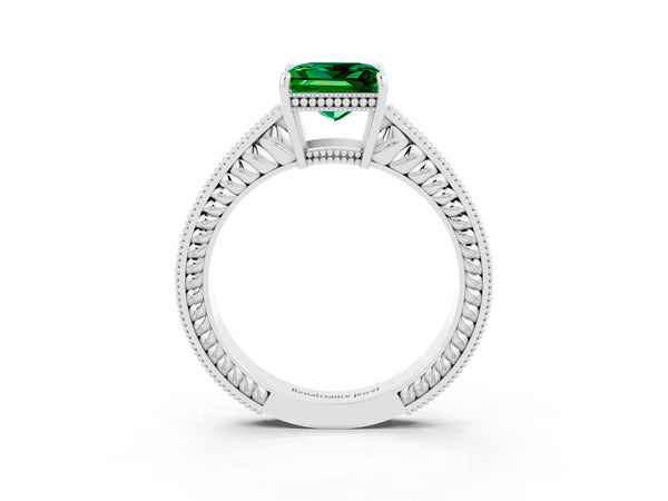 Platinum Princess Cut Emerald Ring with Milgrain Pavé Band and Four-Prong Setting