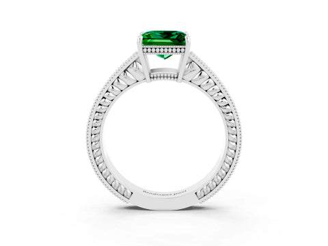 White gold Princess Cut Emerald Ring with Milgrain Pavé Band and Four-Prong Setting_15
