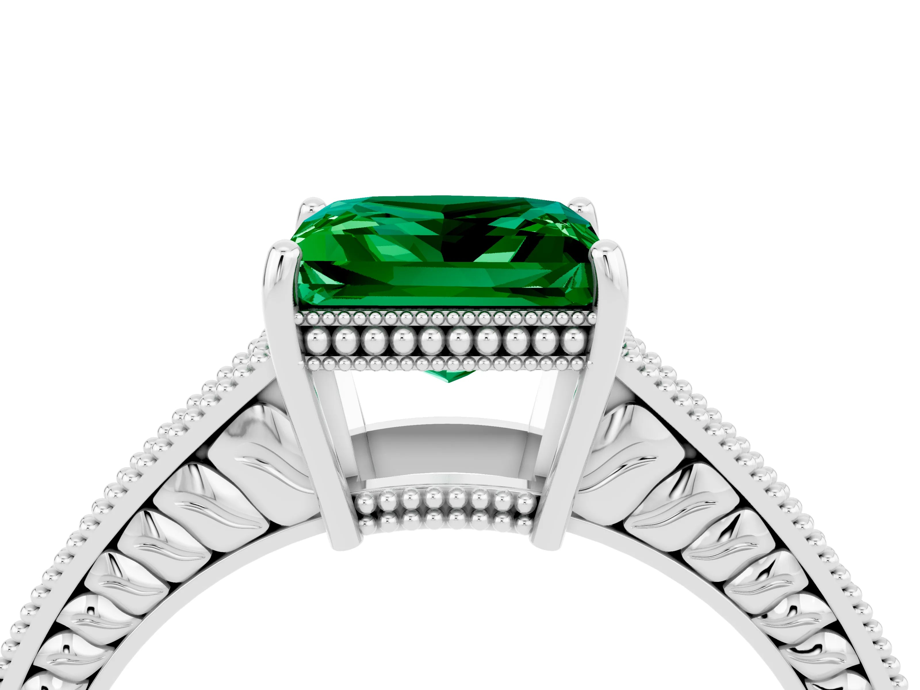 White gold Princess Cut Emerald Ring with Milgrain Pavé Band and Four-Prong Setting_16