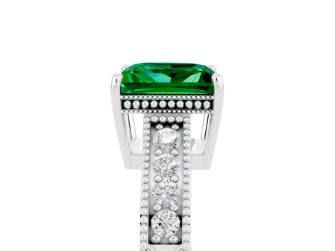 White gold Princess Cut Emerald Ring with Milgrain Pavé Band and Four-Prong Setting_17