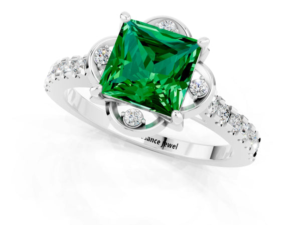 White gold Princess Cut Emerald Ring with Pavé Band and Floral Prong Setting