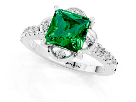 White gold Princess Cut Emerald Ring with Pavé Band and Floral Prong Setting_1