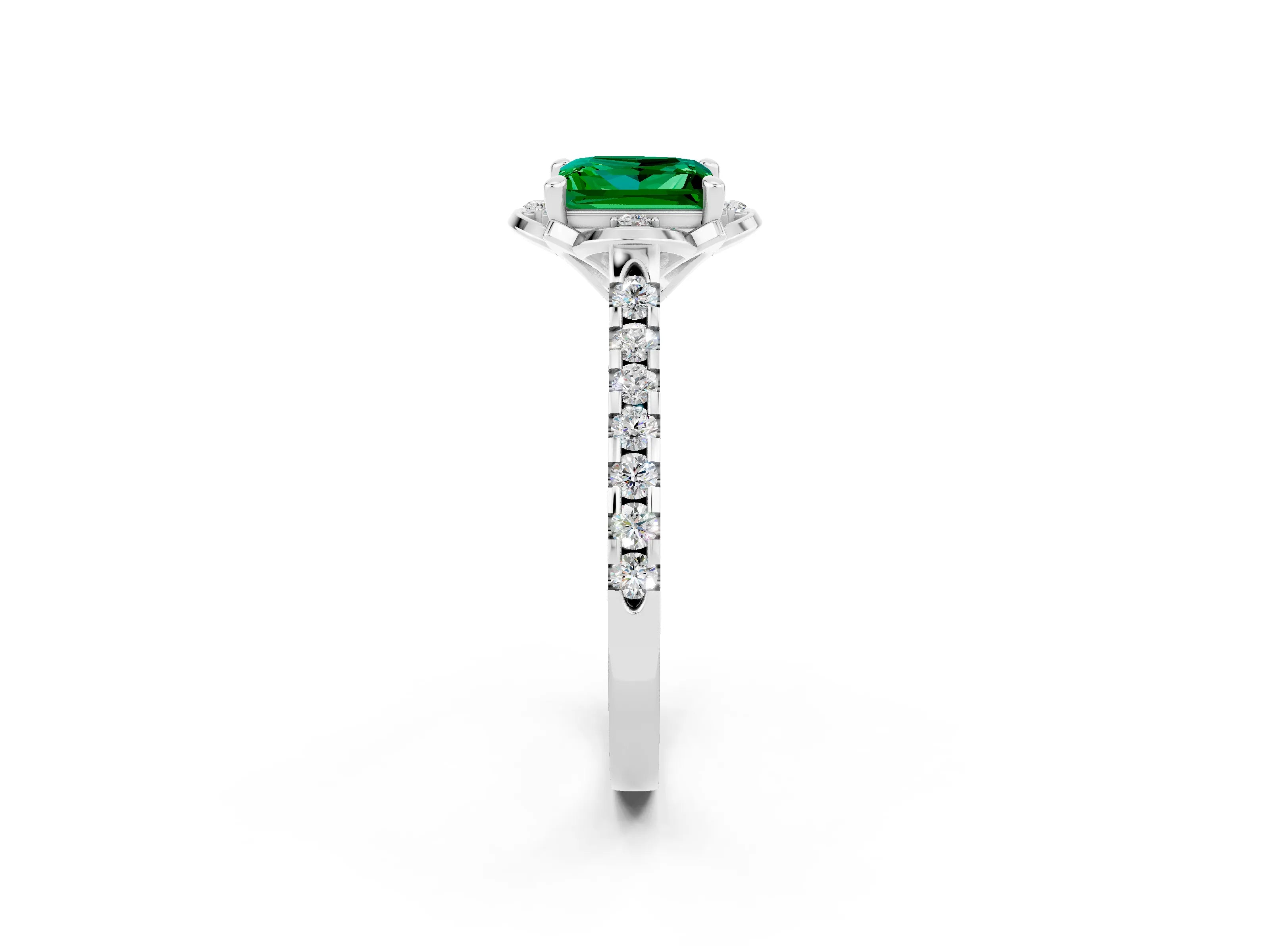 White gold Princess Cut Emerald Ring with Pavé Band and Floral Prong Setting_2