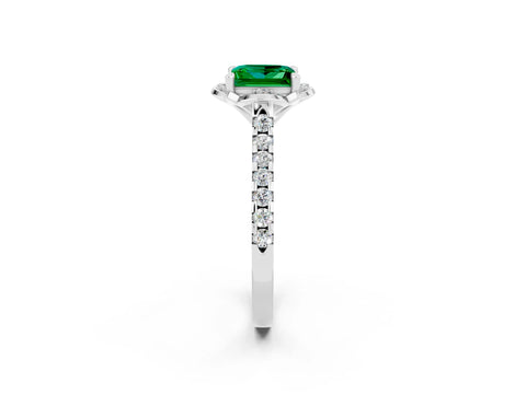 White gold Princess Cut Emerald Ring with Pavé Band and Floral Prong Setting_2