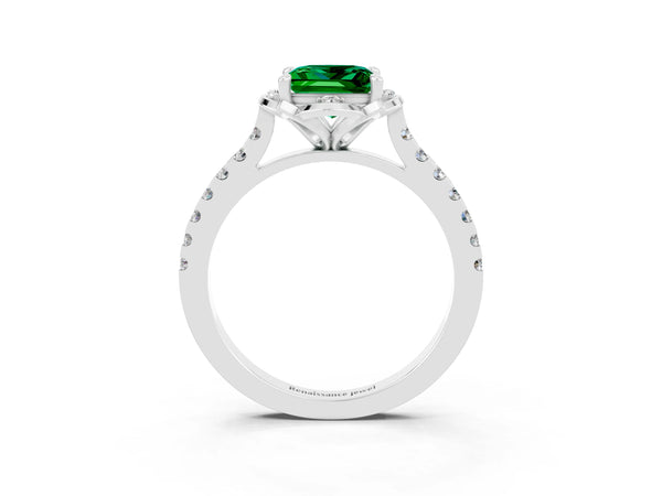 White gold Princess Cut Emerald Ring with Pavé Band and Floral Prong Setting