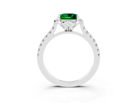 White gold Princess Cut Emerald Ring with Pavé Band and Floral Prong Setting_3