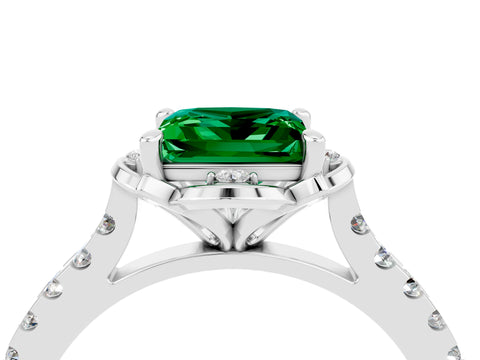 White gold Princess Cut Emerald Ring with Pavé Band and Floral Prong Setting_4