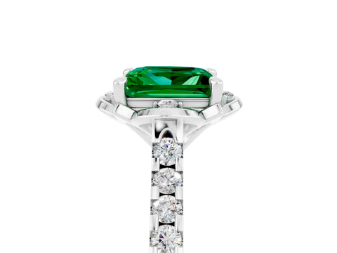 White gold Princess Cut Emerald Ring with Pavé Band and Floral Prong Setting_5