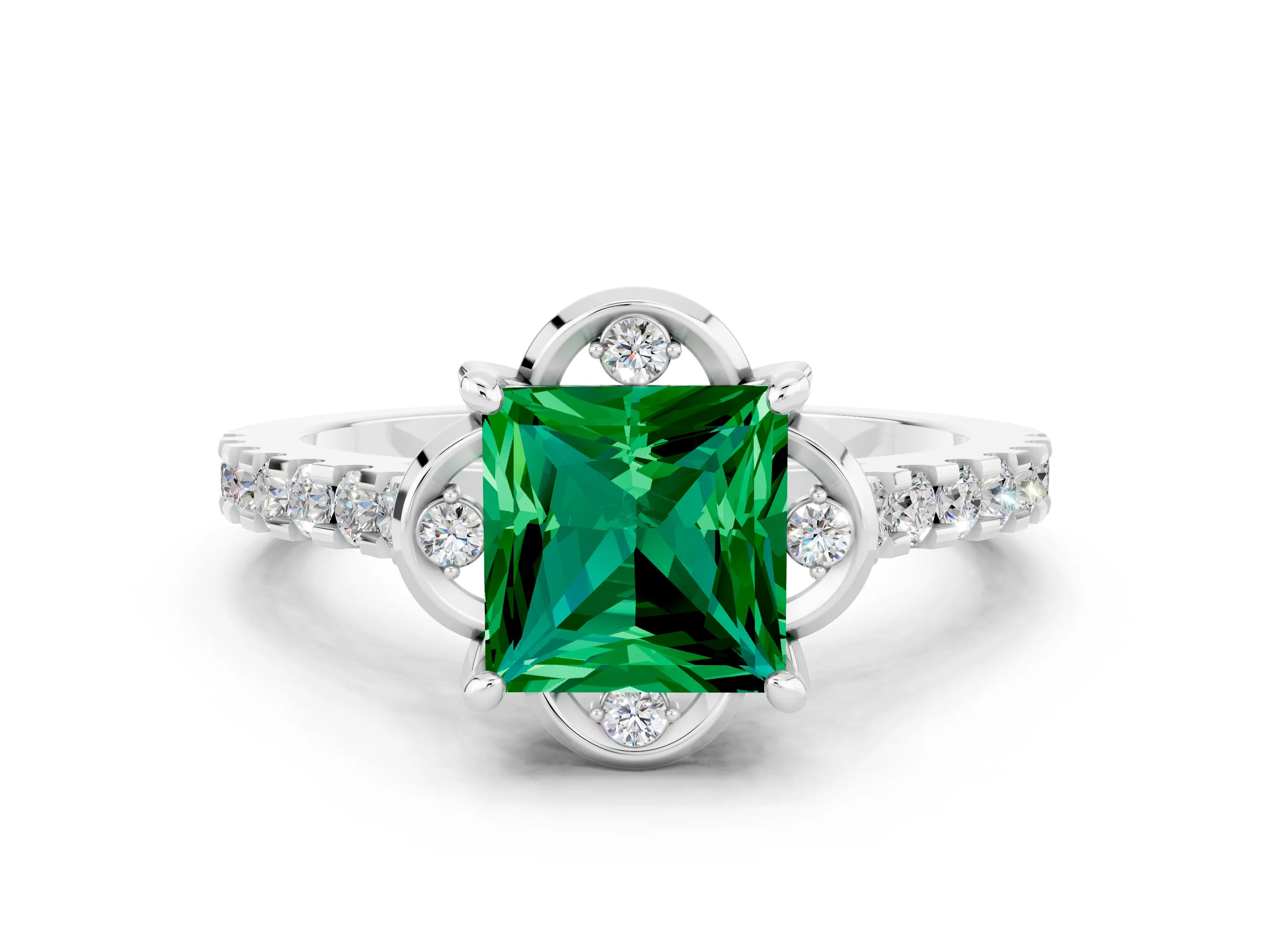 White gold Princess Cut Emerald Ring with Pavé Band and Floral Prong Setting