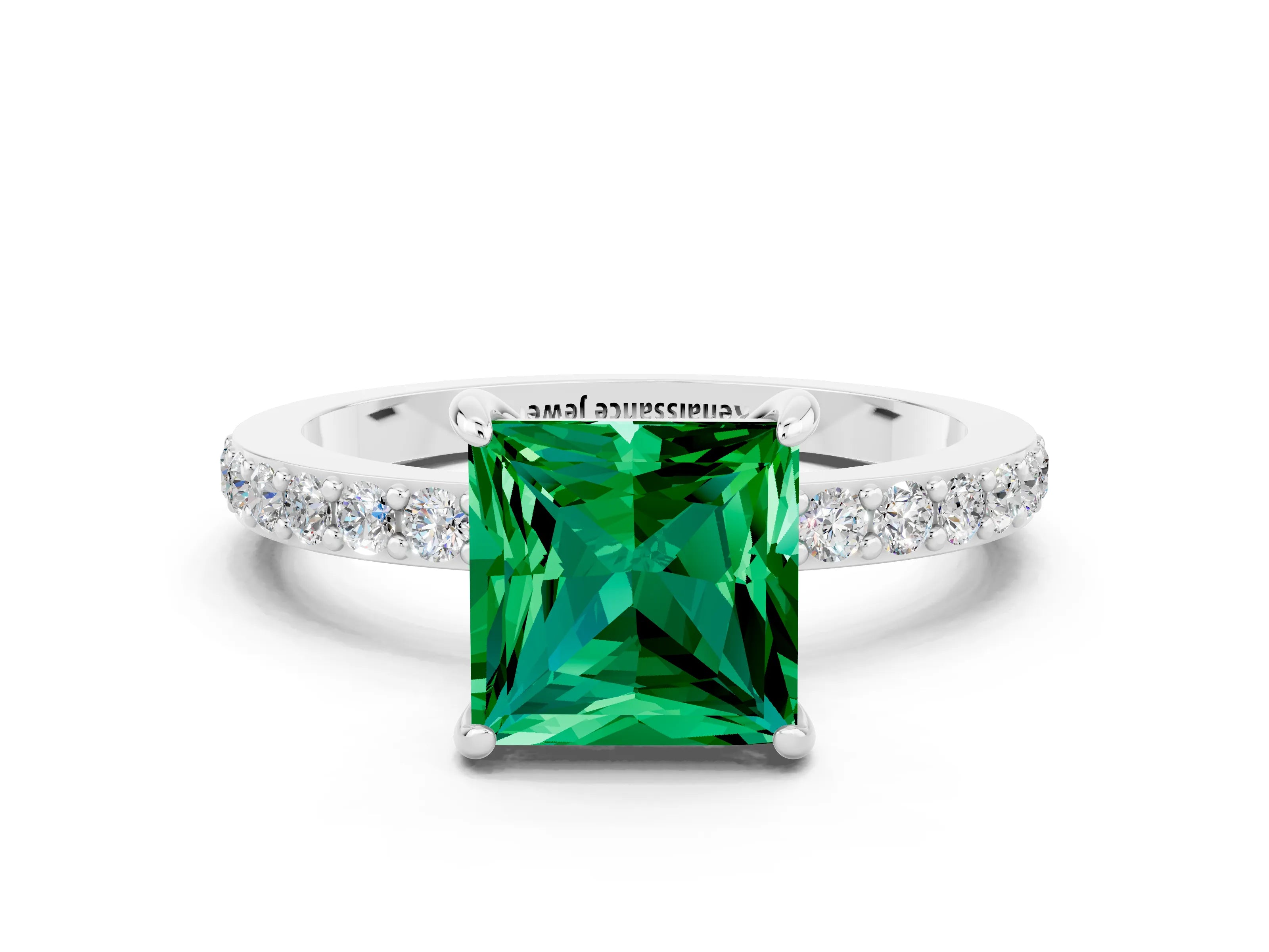 White gold Princess Cut Emerald Ring with Pavé Band and Four-Prong Setting