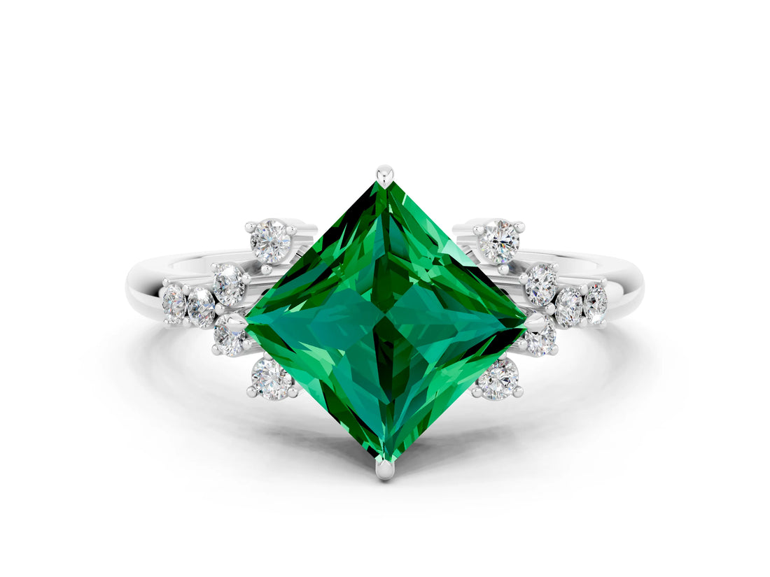 White gold Princess Cut Emerald Ring with Side Stones and Four-Prong Setting_36