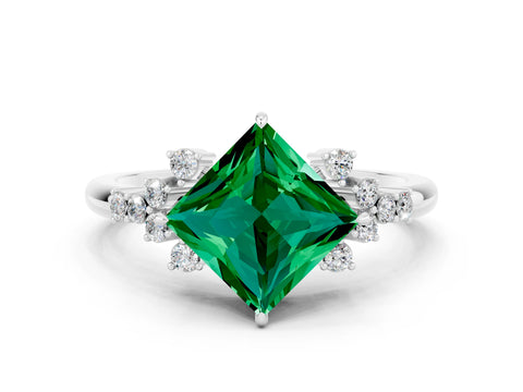 White gold Princess Cut Emerald Ring with Side Stones and Four-Prong Setting_36
