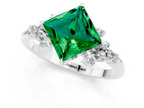 White gold Princess Cut Emerald Ring with Side Stones and Four-Prong Setting_37