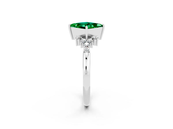 Platinum Princess Cut Emerald Ring with Side Stones and Four-Prong Setting