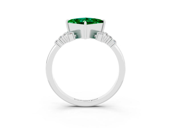 Silver Princess Cut Emerald Ring with Side Stones and Four-Prong Setting