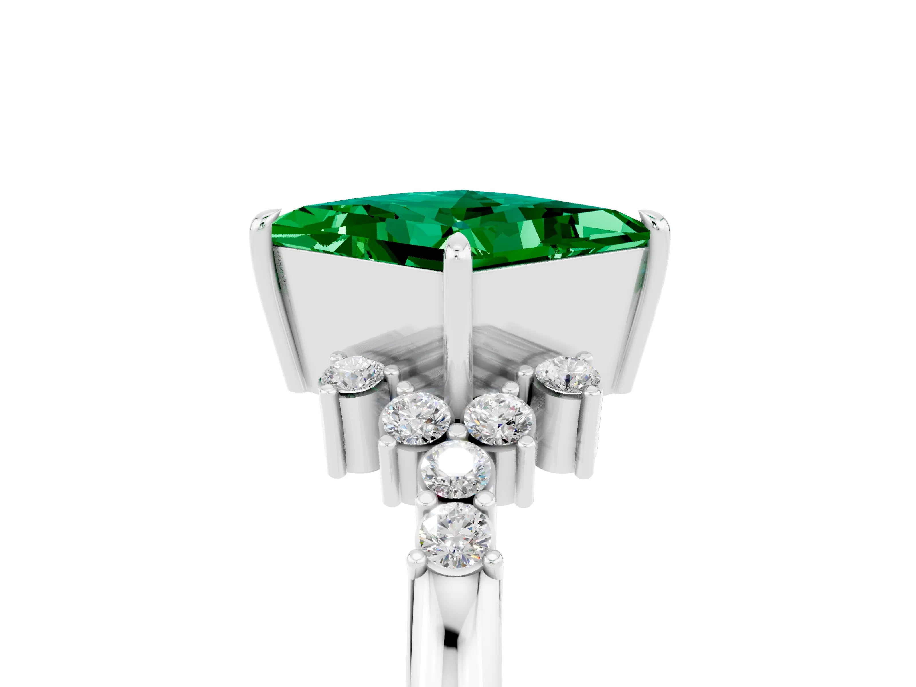 White gold Princess Cut Emerald Ring with Side Stones and Four-Prong Setting_41