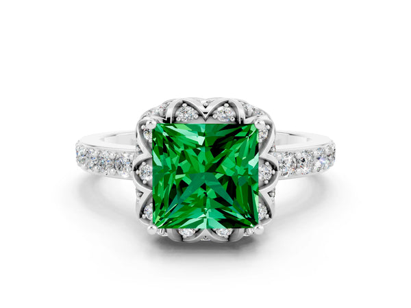 Platinum Princess Cut Emerald Scalloped Halo Engagement Ring with Round Shared Prong Band