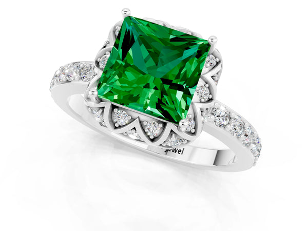 Platinum Princess Cut Emerald Scalloped Halo Engagement Ring with Round Shared Prong Band