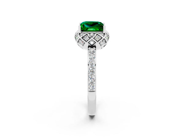 Platinum Princess Cut Emerald Scalloped Halo Engagement Ring with Round Shared Prong Band