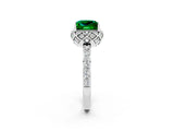 White gold Princess Cut Emerald Scalloped Halo Engagement Ring with Round Shared Prong Band_14