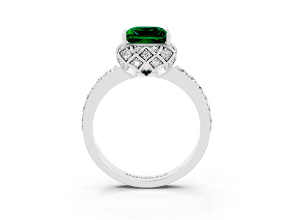 Platinum Princess Cut Emerald Scalloped Halo Engagement Ring with Round Shared Prong Band