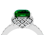White gold Princess Cut Emerald Scalloped Halo Engagement Ring with Round Shared Prong Band_16