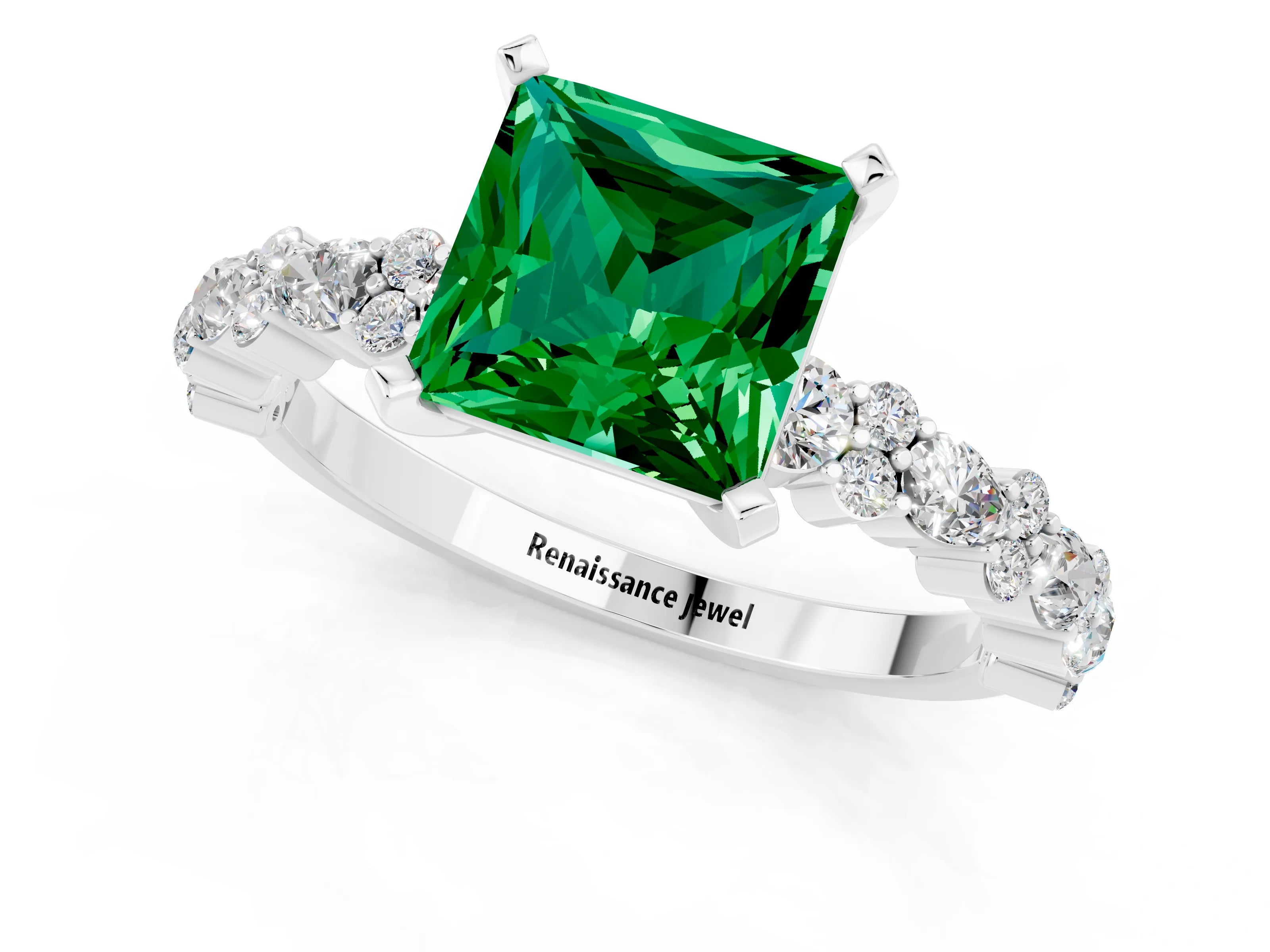 White gold Princess Cut Emerald Side Stone Solitaire Ring with Round  and Four-Prong Setting_49