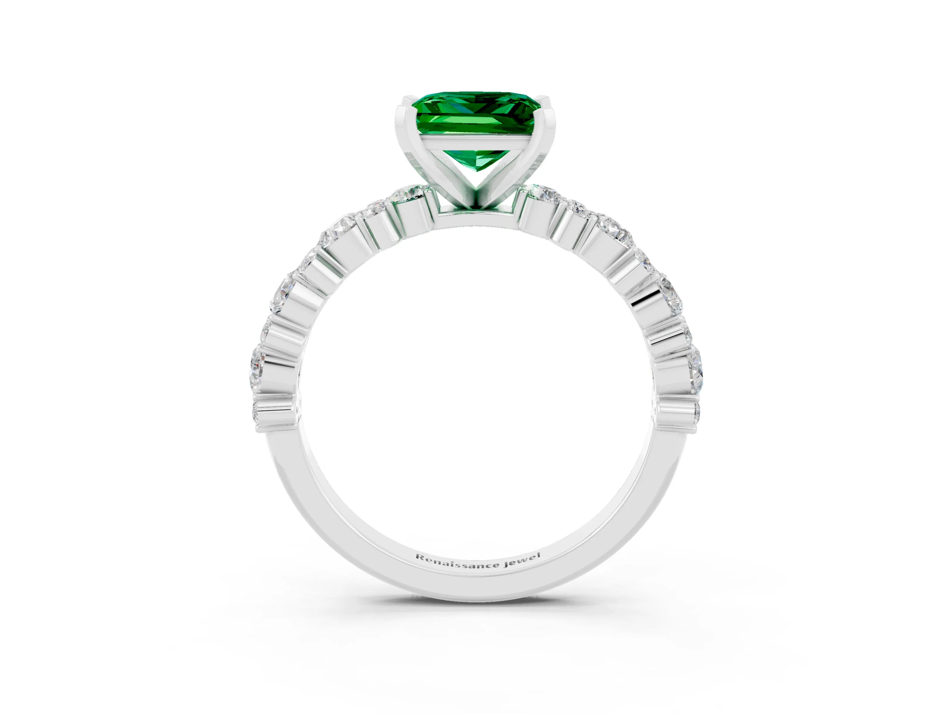 White gold Princess Cut Emerald Side Stone Solitaire Ring with Round  and Four-Prong Setting_51