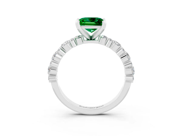 Silver Princess Cut Emerald Side Stone Solitaire Ring with Round  and Four-Prong Setting