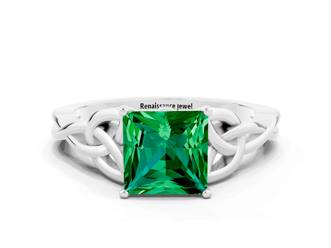 White gold Princess Cut Emerald Solitaire Celtic Knot Ring with Four-Prong Setting_12