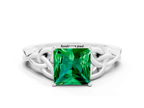 White gold Princess Cut Emerald Solitaire Celtic Knot Ring with Four-Prong Setting_12