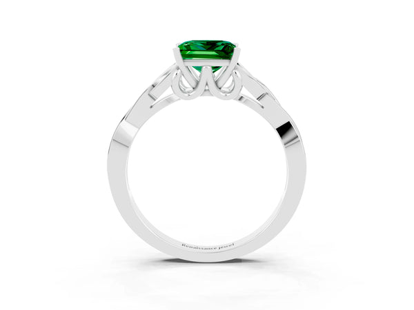 Silver Princess Cut Emerald Solitaire Celtic Knot Ring with Four-Prong Setting