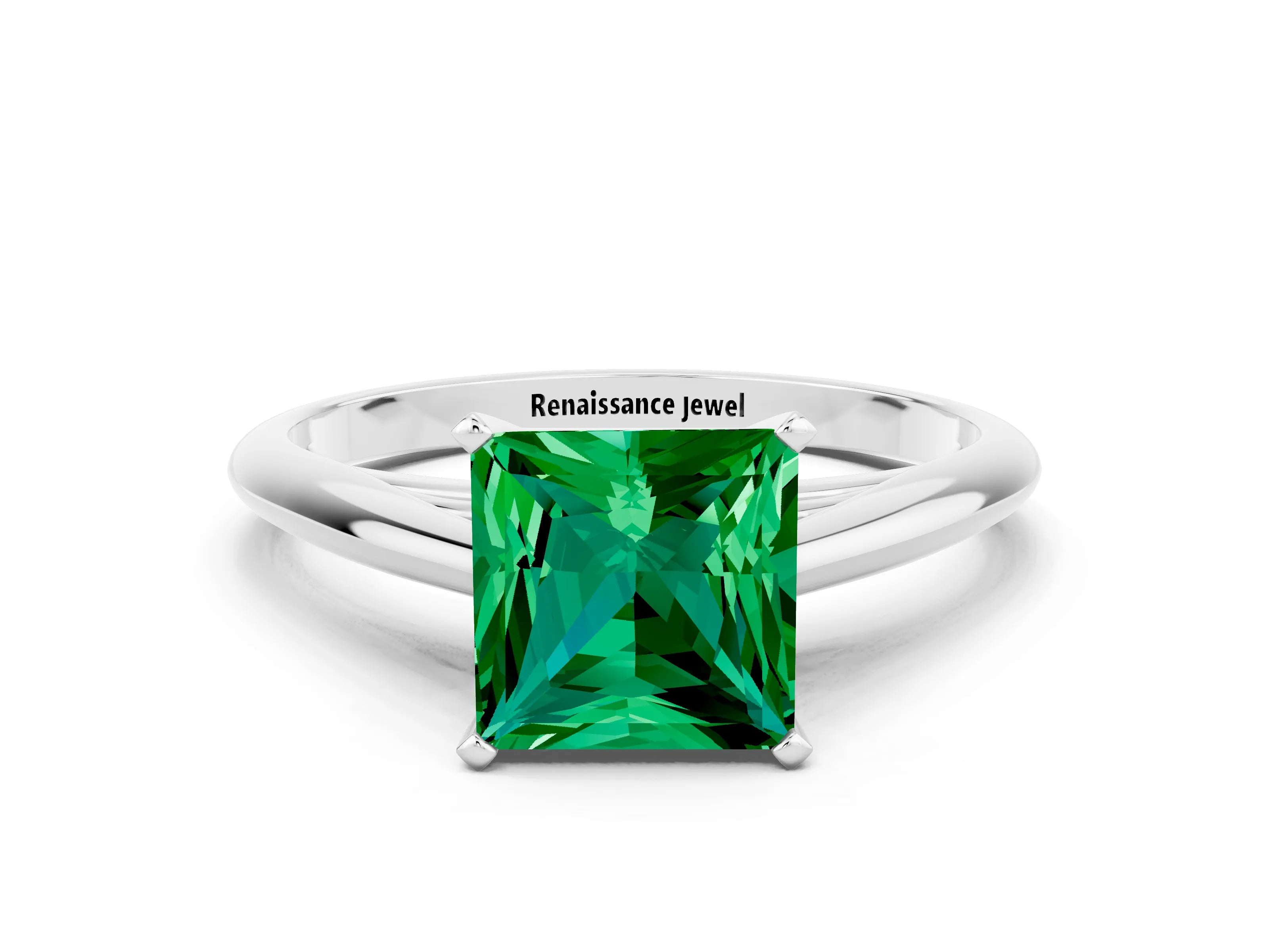 White gold Princess Cut Emerald Solitaire Engagement Ring with Cathedral Setting and Four-Prong Mount_12