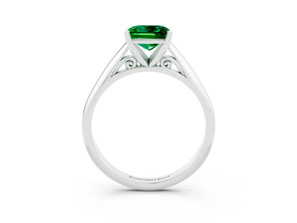 Silver Princess Cut Emerald Solitaire Engagement Ring with Cathedral Setting and Four-Prong Mount