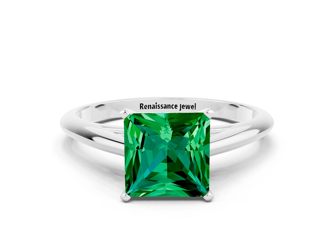 White gold Princess Cut Emerald Solitaire Engagement Ring with Cathedral Setting and Four-Prong Mount_24