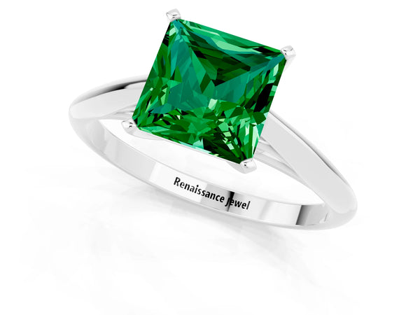 White gold Princess Cut Emerald Solitaire Engagement Ring with Cathedral Setting and Four-Prong Mount
