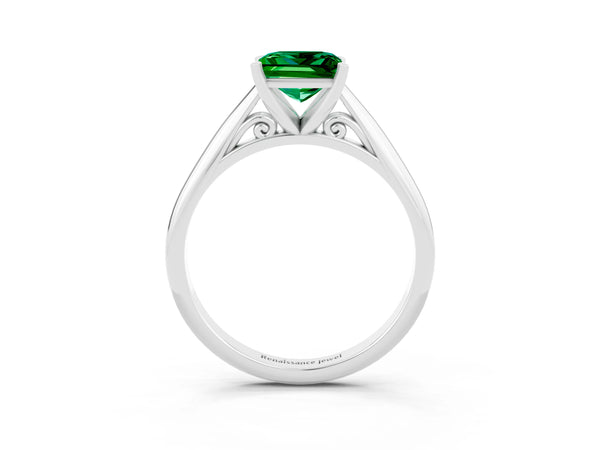 White gold Princess Cut Emerald Solitaire Engagement Ring with Cathedral Setting and Four-Prong Mount