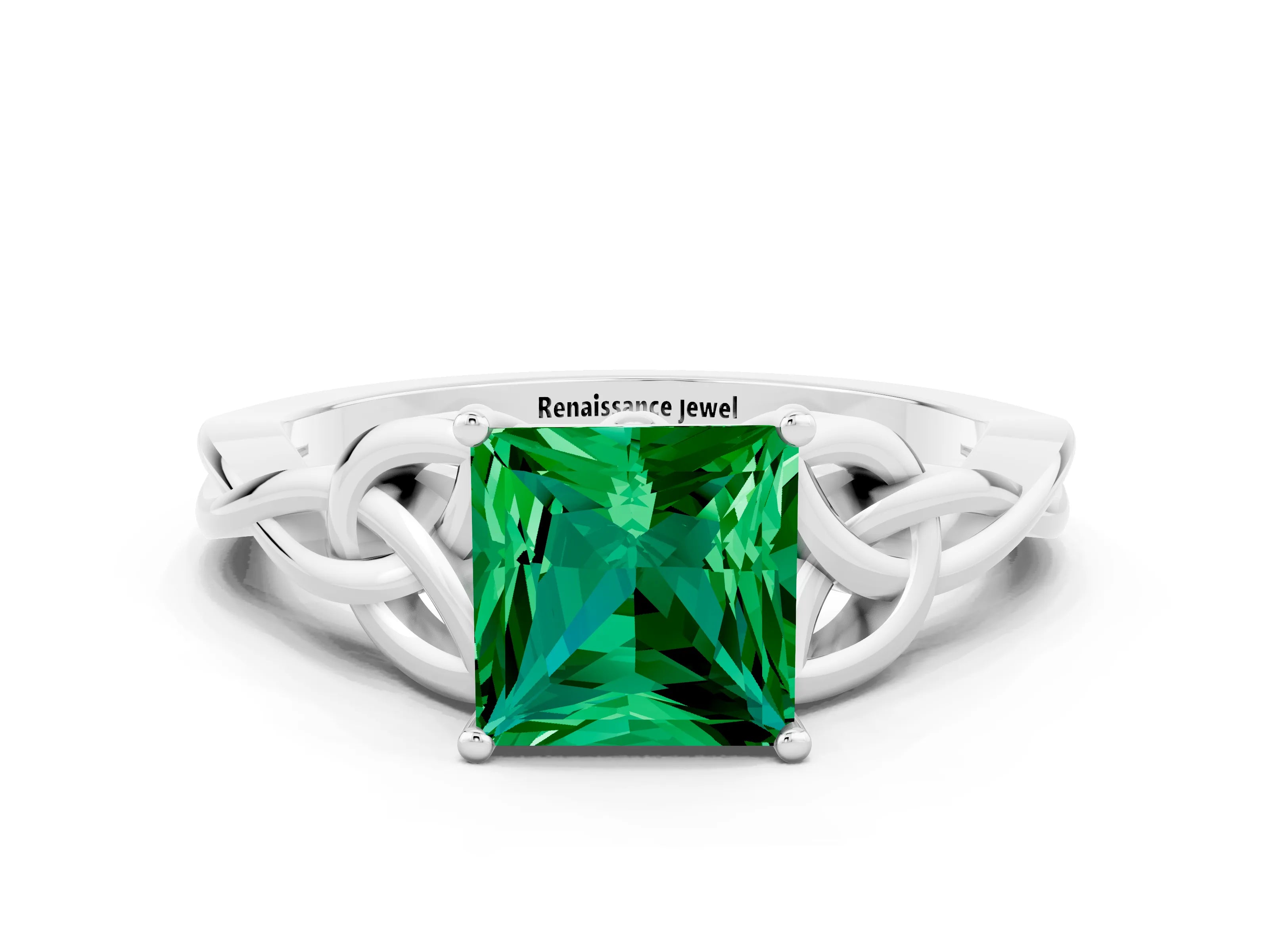 White gold Princess Cut Emerald Solitaire Engagement Ring with Celtic Knot Band and Four-Prong Setting