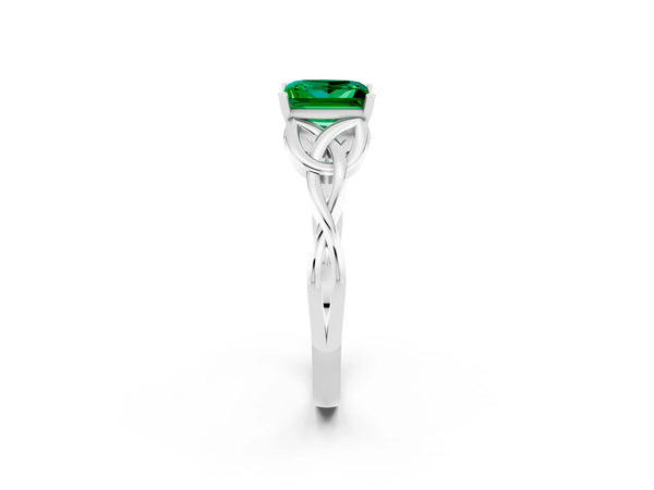 White gold Princess Cut Emerald Solitaire Engagement Ring with Celtic Knot Band and Four-Prong Setting