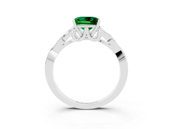 White gold Princess Cut Emerald Solitaire Engagement Ring with Celtic Knot Band and Four-Prong Setting