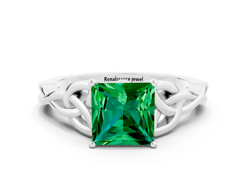 White gold Princess Cut Emerald Solitaire Engagement Ring with Celtic Knot Band and Four-Prong Setting
