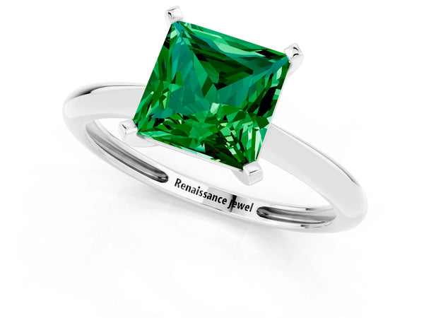 White gold Princess Cut Emerald Solitaire Engagement Ring with Classic Band and Four-Prong Setting